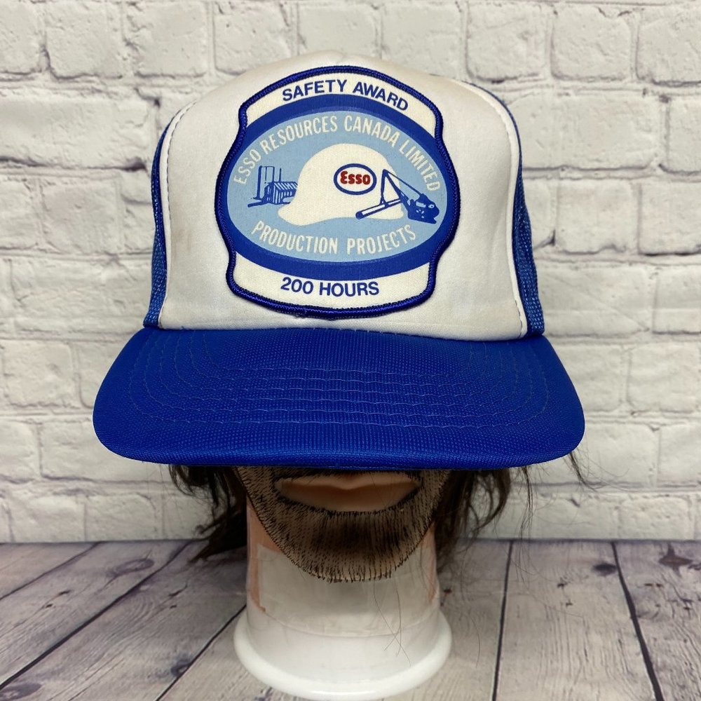 Vintage ESSO Hat Cap Snapback Blue White Trucker Mesh Safety Award 200 Hours